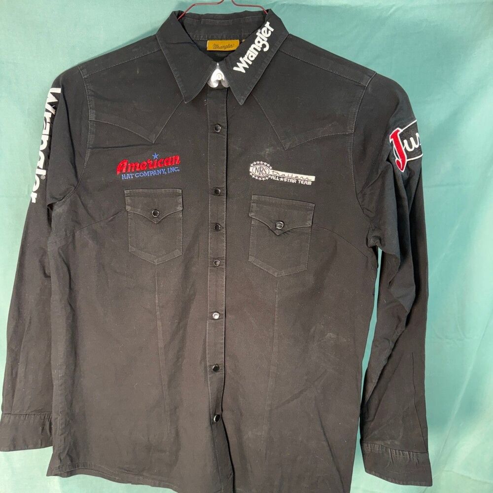 Wrangler Western Shirt Womens M Black Pearl Snap American Hat NRS Justin